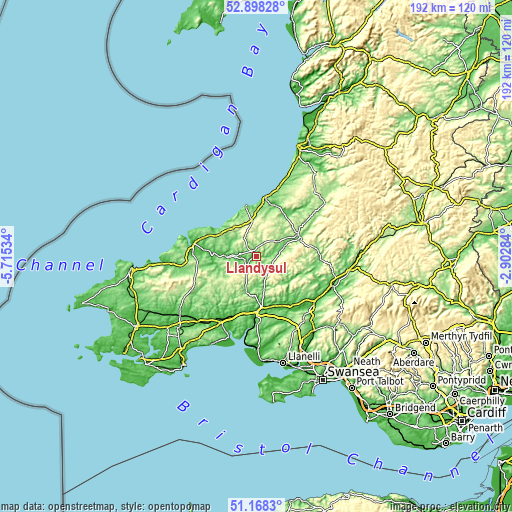 Topographic map of Llandysul