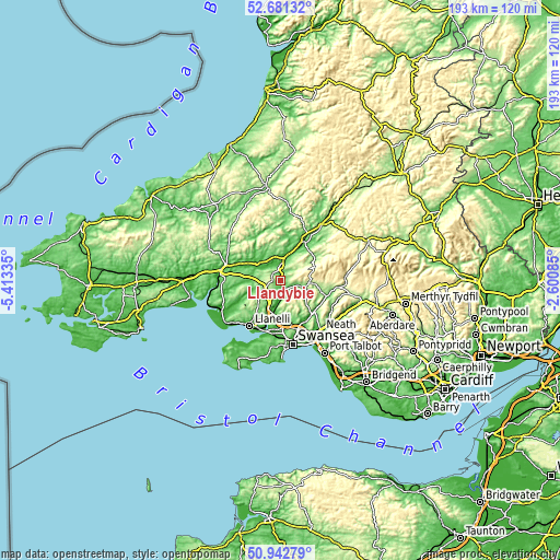 Topographic map of Llandybie