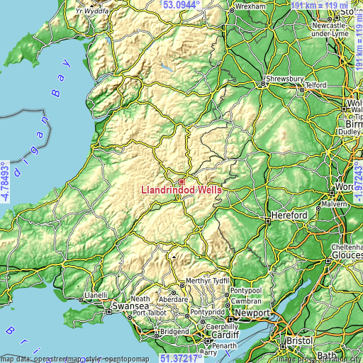 Topographic map of Llandrindod Wells