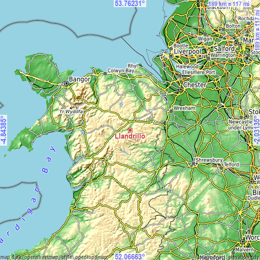 Topographic map of Llandrillo