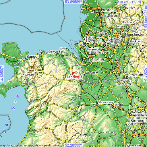 Topographic map of Llandegla