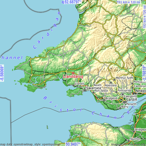 Topographic map of Llanddarog