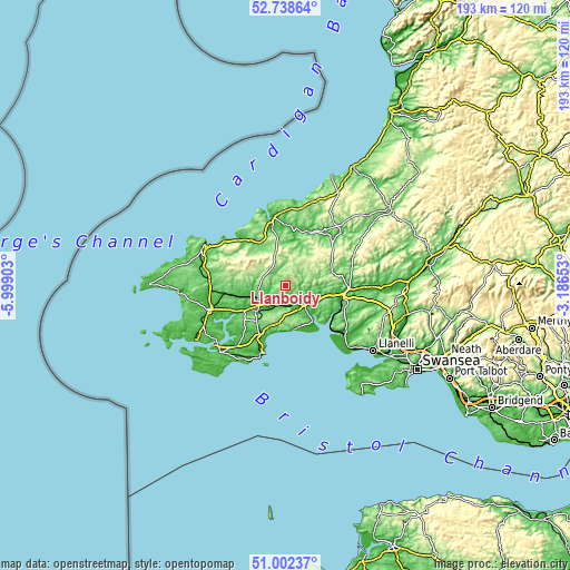 Topographic map of Llanboidy