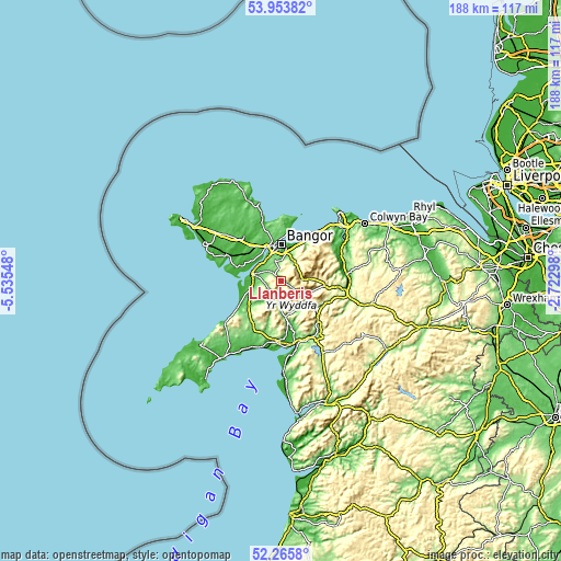 Topographic map of Llanberis