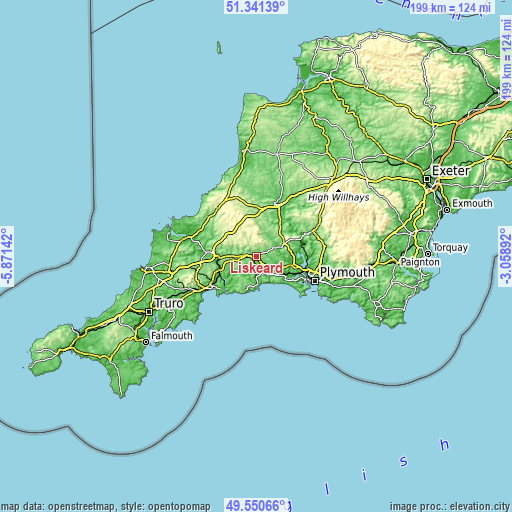 Topographic map of Liskeard