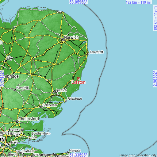 Topographic map of Leiston