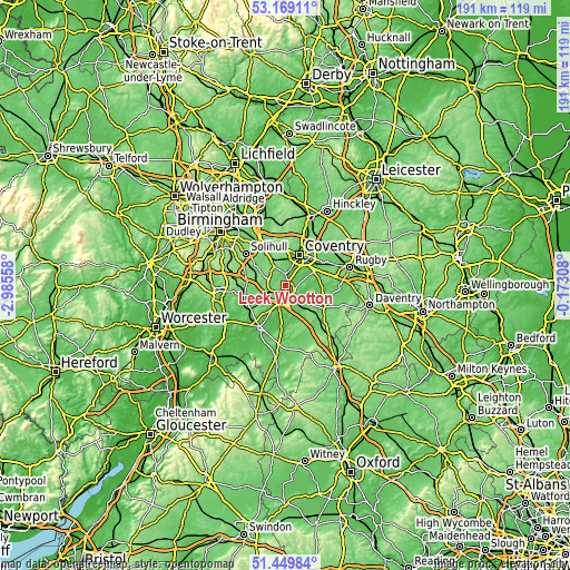 Topographic map of Leek Wootton