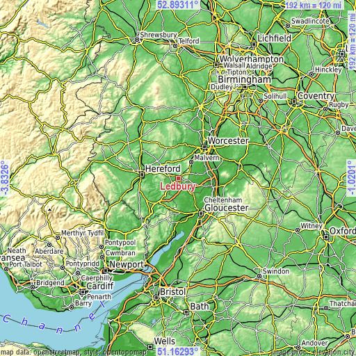 Topographic map of Ledbury