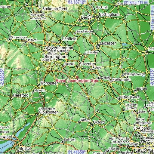 Topographic map of Royal Leamington Spa