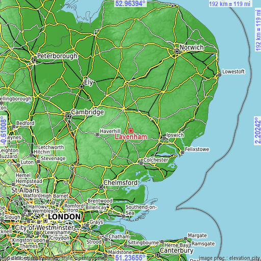 Topographic map of Lavenham