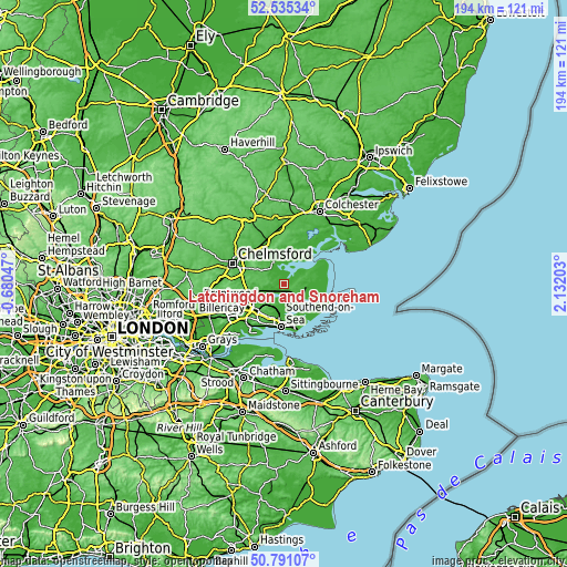 Topographic map of Latchingdon and Snoreham