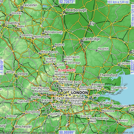 Topographic map of Knebworth
