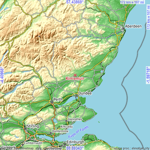 Topographic map of Kirriemuir