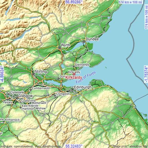 Topographic map of Kirkcaldy