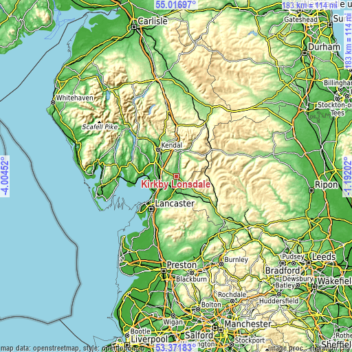 Topographic map of Kirkby Lonsdale