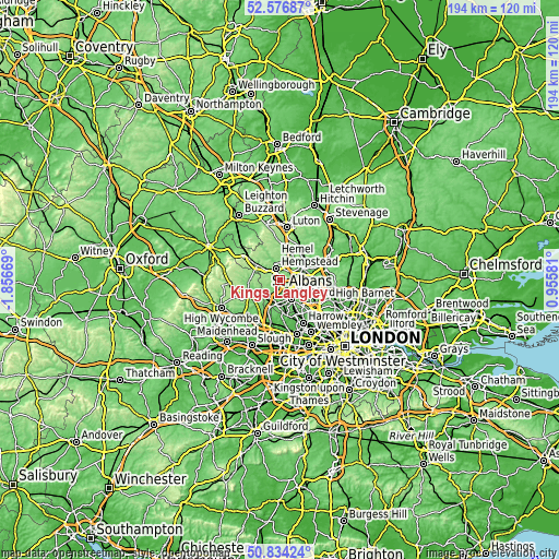 Topographic map of Kings Langley