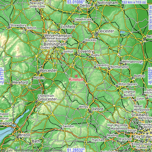 Topographic map of Kineton