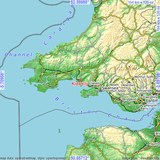 Topographic map of Kidwelly