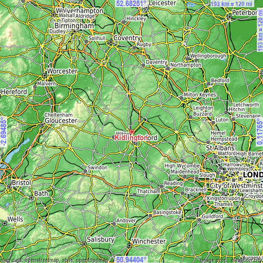 Topographic map of Kidlington