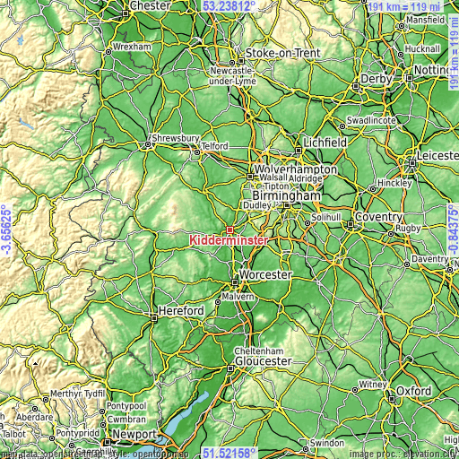 Topographic map of Kidderminster