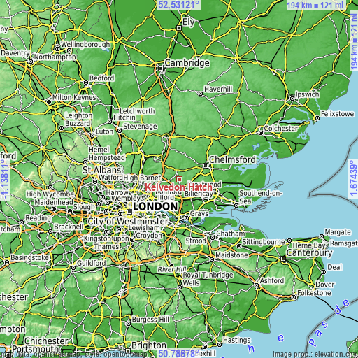 Topographic map of Kelvedon Hatch