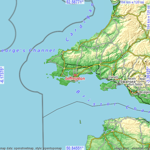 Topographic map of Jeffreyston