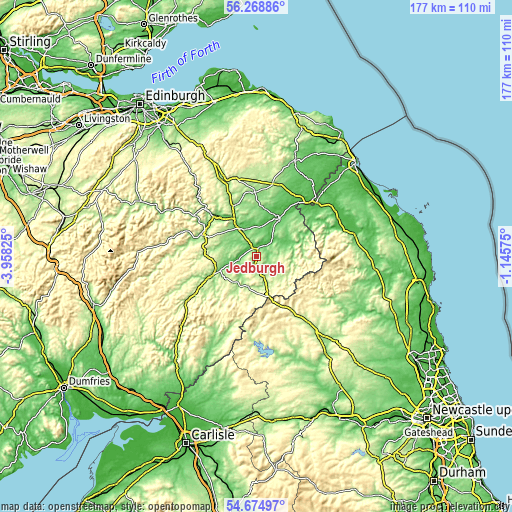 Topographic map of Jedburgh