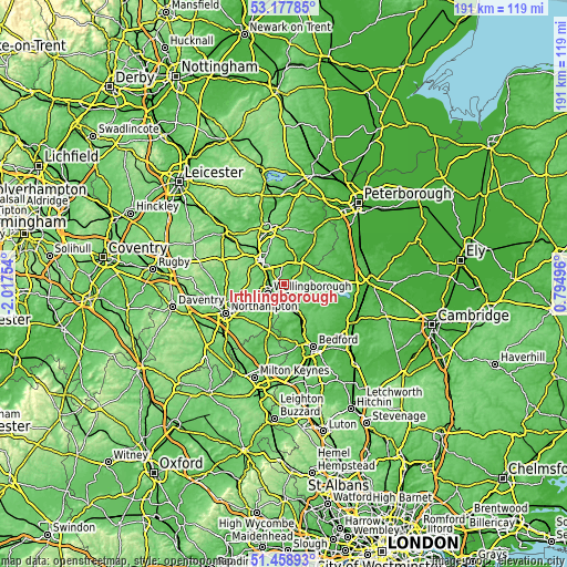 Topographic map of Irthlingborough