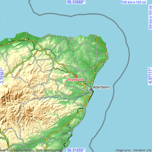 Topographic map of Inverurie