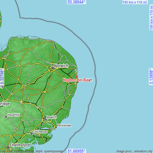 Topographic map of Hopton on Sea