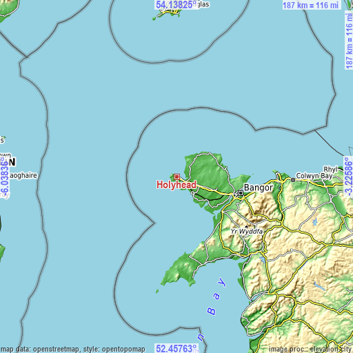 Topographic map of Holyhead