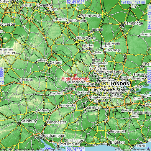 Topographic map of High Wycombe