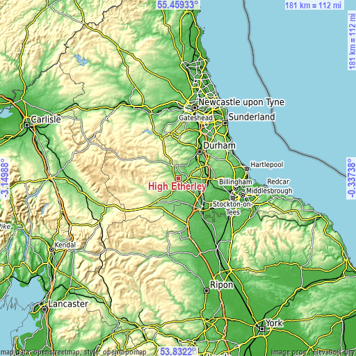 Topographic map of High Etherley