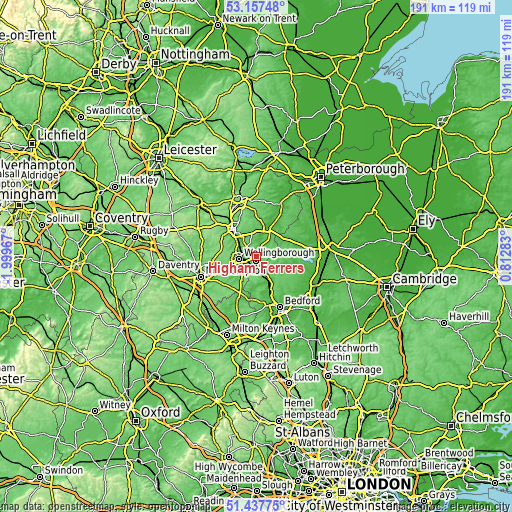 Topographic map of Higham Ferrers