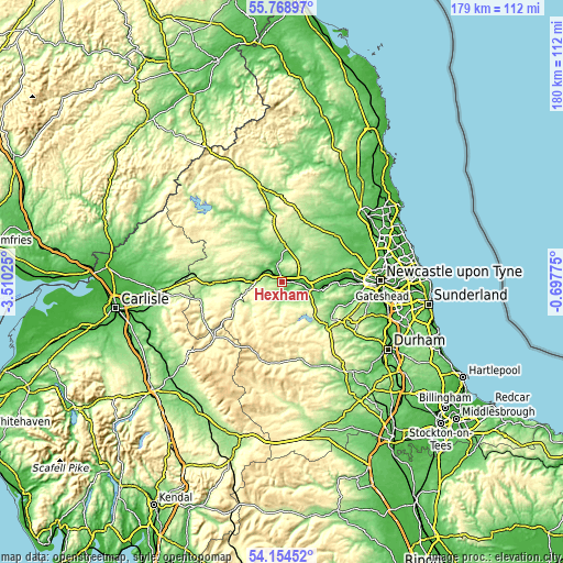 Topographic map of Hexham