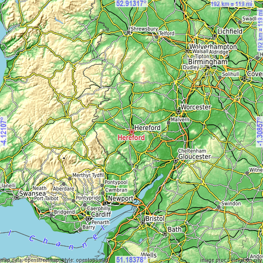 Topographic map of Hereford