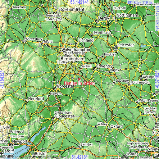 Topographic map of Henley in Arden