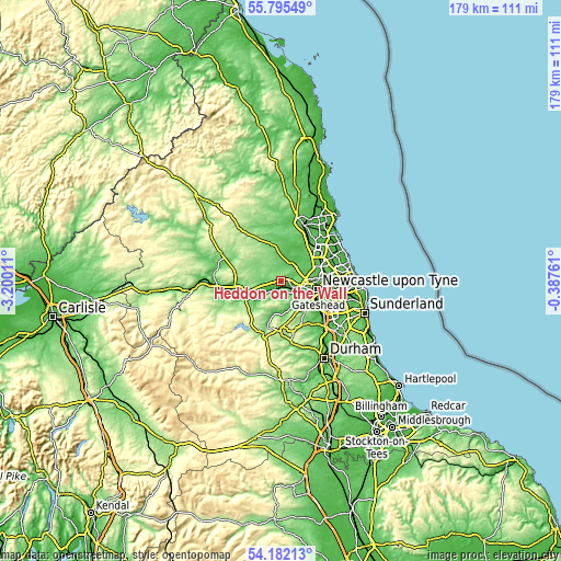 Topographic map of Heddon on the Wall
