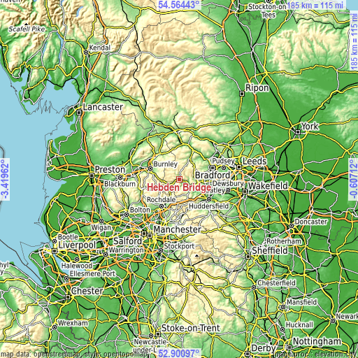 Topographic map of Hebden Bridge