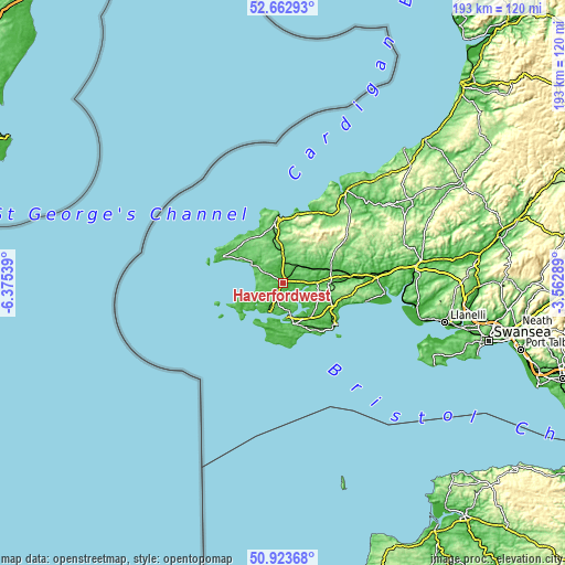 Topographic map of Haverfordwest