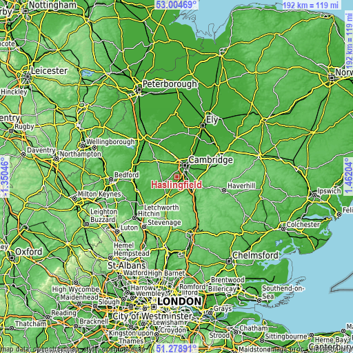 Topographic map of Haslingfield