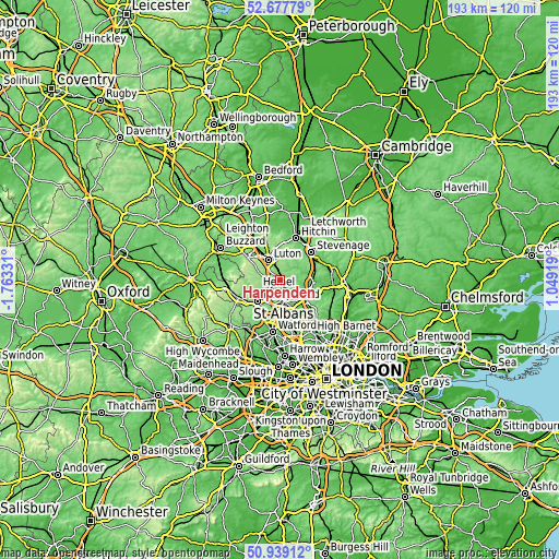 Topographic map of Harpenden