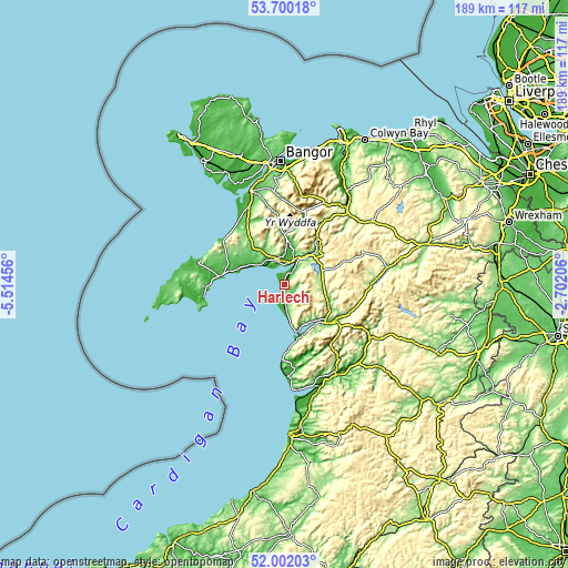 Topographic map of Harlech