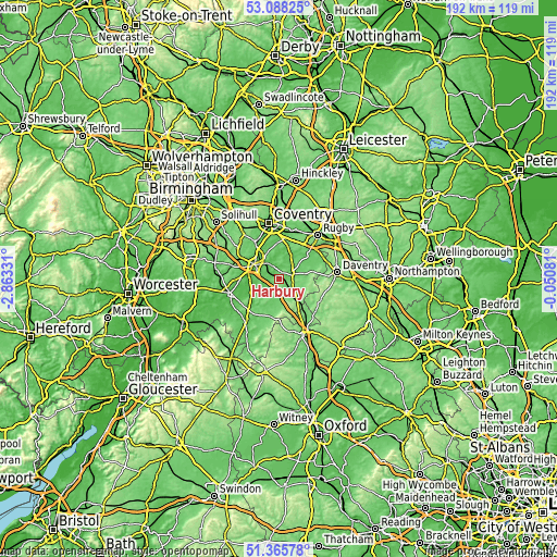 Topographic map of Harbury