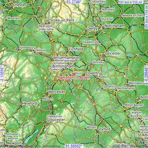 Topographic map of Hampton in Arden
