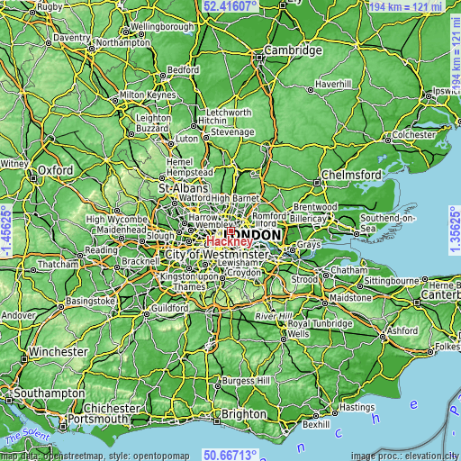 Topographic map of Hackney