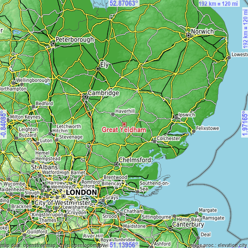 Topographic map of Great Yeldham