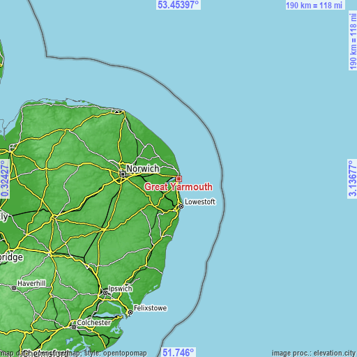 Topographic map of Great Yarmouth