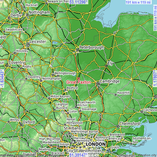 Topographic map of Great Paxton