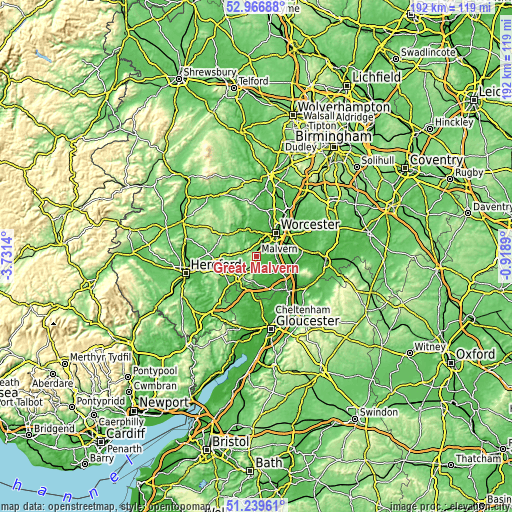Topographic map of Great Malvern